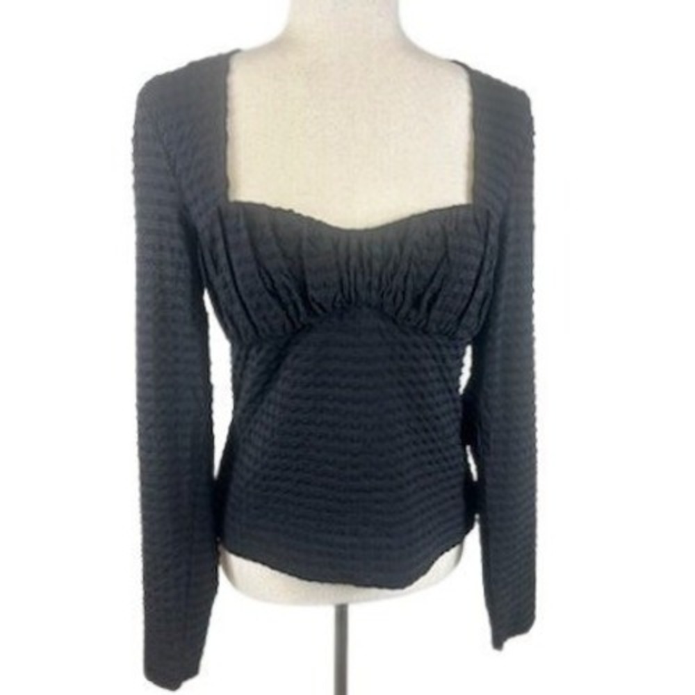 New GANNI Black Stretch Seer Square Neck Long Sleeve Fitted Top Size 38 6 M $295